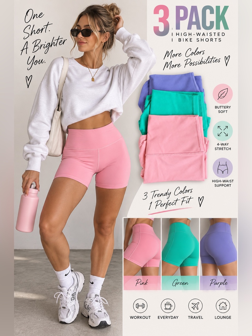 Aerie Three-Pack High-Rise Bike Shorts — Pink, Teal & Lavender